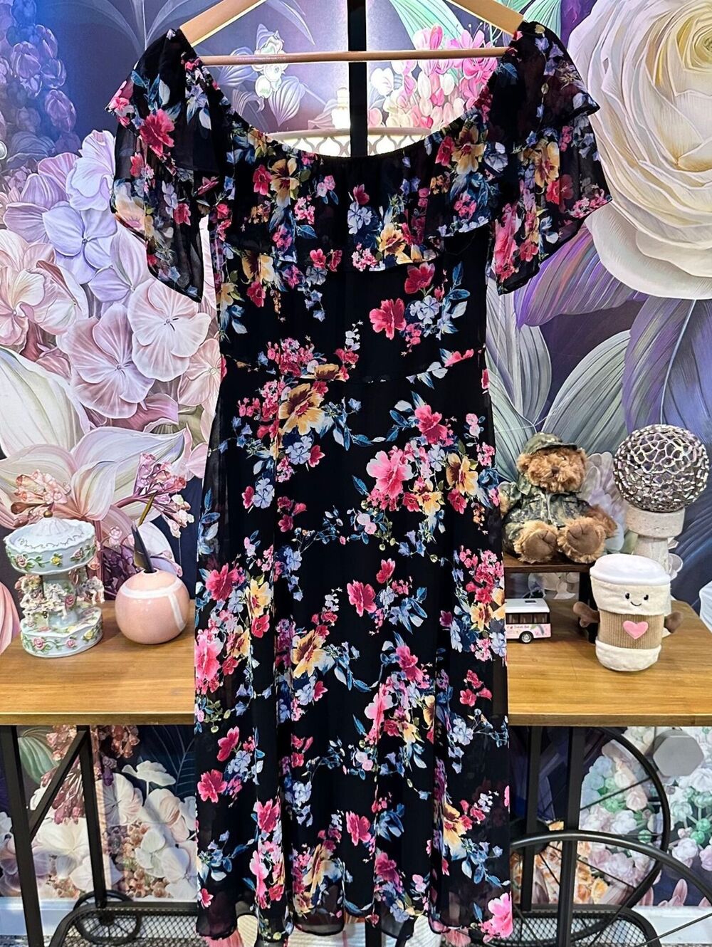 Express 6 Floral Chiffon Midi Dress Ruffle Cold Shoulder Romantic Boho Black